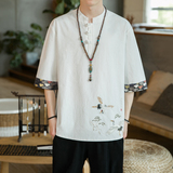 A3022咖啡厅中国风2021夏新品仙鹤刺绣盘扣设计短袖T恤p55，男装T恤，钱塘7008(原4008)