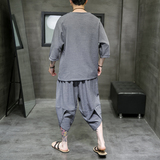 A3002*中国风2021冰丝树皮皱字母刺绣T恤+七分裤哈伦裤套装P90，男装休闲套装，钱塘7008(原4008)
