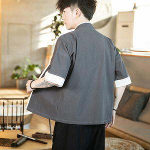 JJ001汉服中国风大码2021夏 棉麻假两件 男开衫p40图片
