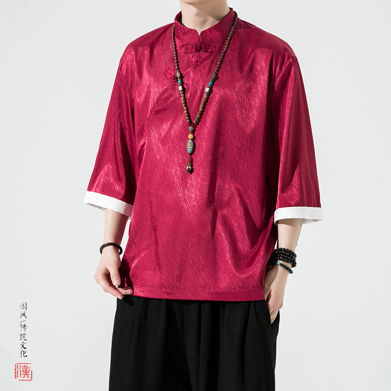 特价风夏2026冰丝抗皱唐装汉服短袖T恤特价A870p35,男装T恤,钱塘7008(原4008)