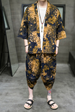 A3003*大码2021中国风棉麻印花开衫套装汉服套装p80，男装休闲套装，钱塘7008(原4008)