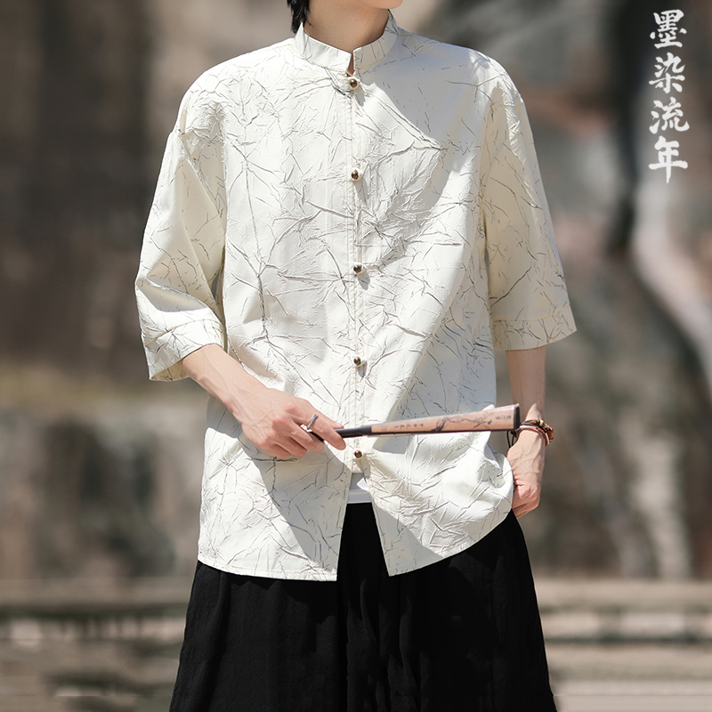 烫金褶皱设计夏季新品2025风汉服短袖衬衫/衬衣A811-p65，男装T恤，钱塘7008(原4008)