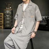 A2032*新品2021男装夏款衬衫领中国风短袖T恤套装P80，男装休闲套装，钱塘7008(原4008)