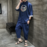 A733*夏季2021大码中国风刺绣款棉麻盘扣汉服套装p100，男装休闲套装，钱塘7008(原4008)