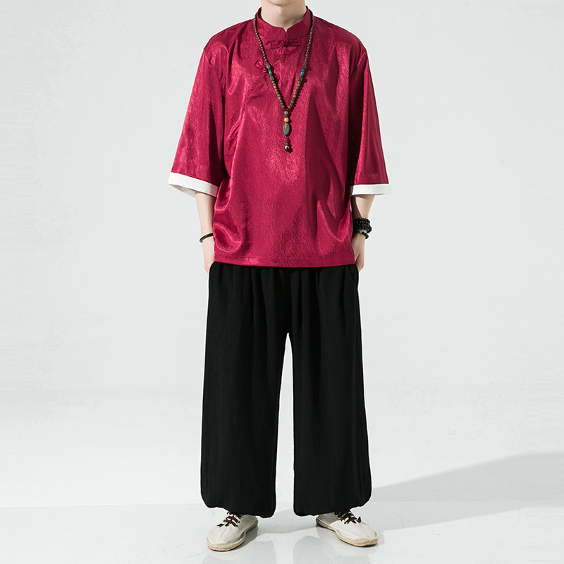 特价风夏2026冰丝抗皱唐装汉服短袖T恤特价A870p35,男装T恤,钱塘7008(原4008)