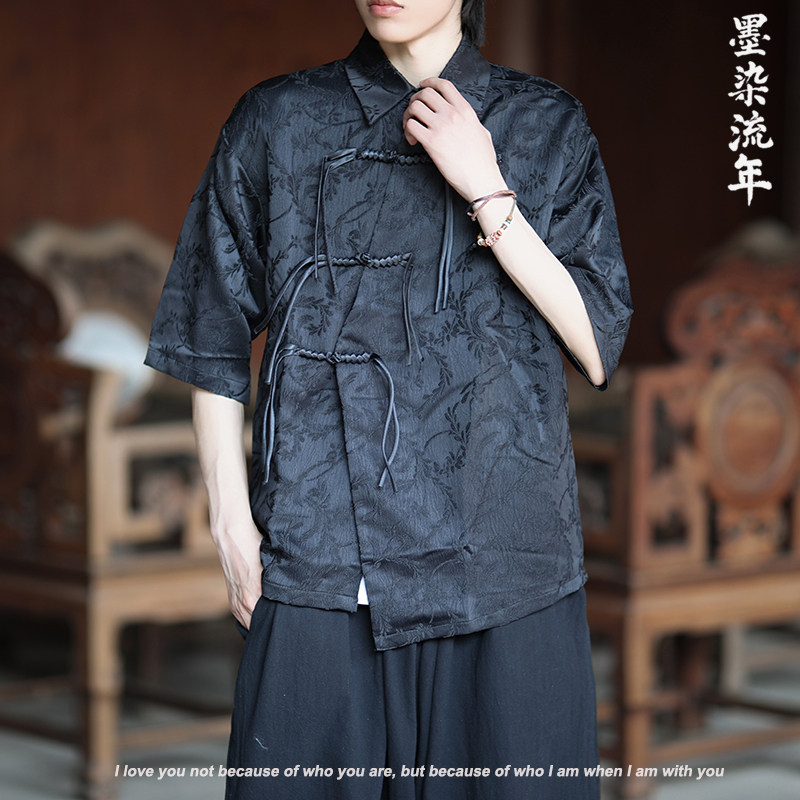 现货！白底黑暗风 蛇扣 麦穗提花  风 短袖衬衫A666*P65图片