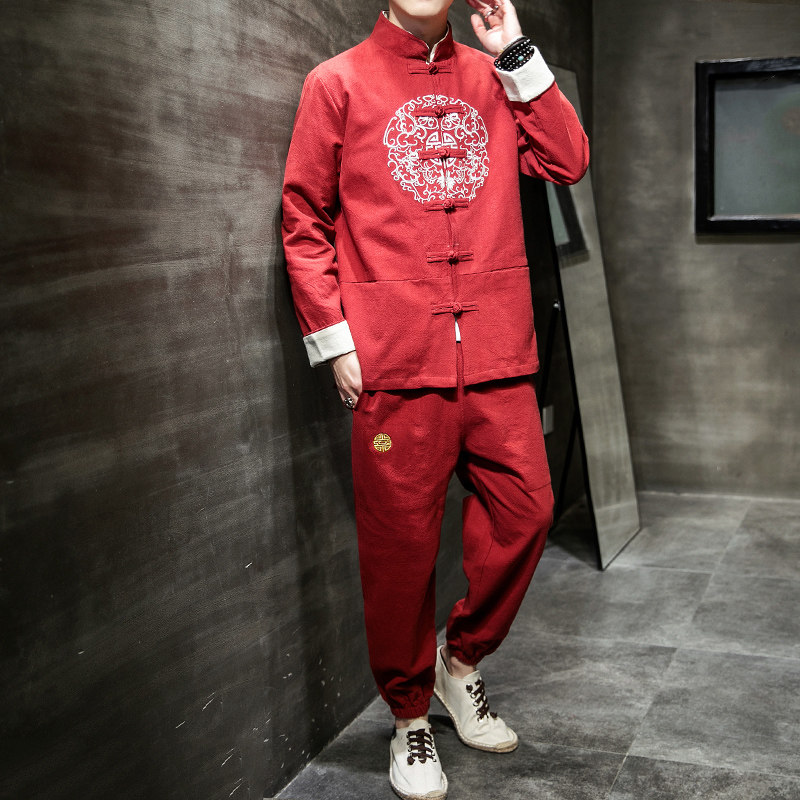 A1002秋冬中国风2020圆刺绣棉麻盘扣/唐装/汉服套装P130,男装民族服装,钱塘7008(原4008)