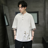 A3022中国风2021夏男款仙鹤刺绣盘扣设计短袖T恤p55，男装T恤，钱塘7008(原4008)
