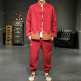 A2029风2021新品撞色刺绣棉麻/唐装/汉服套装，男装民族服装，钱塘7008(原4008)