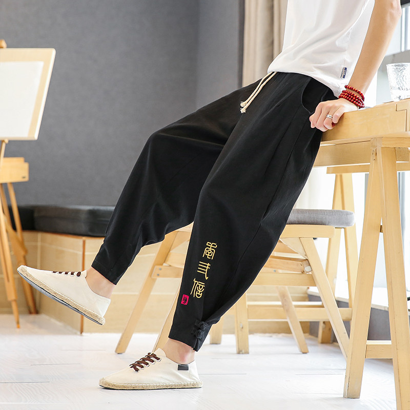 A4020酒店风-中国风2021 刺绣束脚裤 盘扣 宽松九分裤p55图片