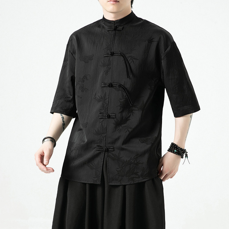 过年大红冰丝竹子夏风2026盘扣短袖汉服衬衫A890-p65,男装T恤,钱塘7008(原4008)