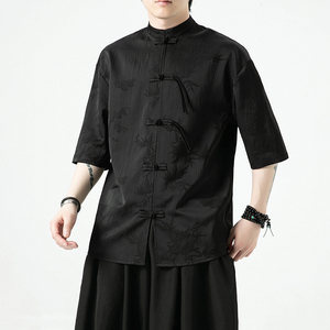 过年大红 冰丝竹子 夏风2026  盘扣 短袖汉服衬衫A890-p65图片
