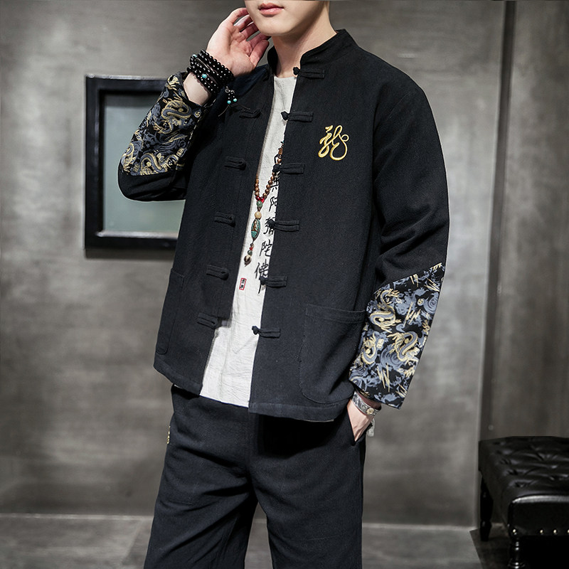A702中国风大码男2021秋冬刺绣款龙盘扣棉麻汉服套装P120，男装套装，钱塘7008(原4008)
