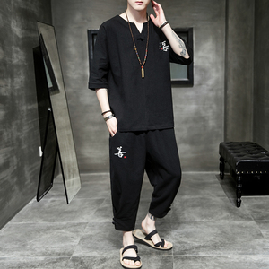 A003*中国风 善恶刺绣 T恤+七分裤中国单扣套装P90(控价118)图片