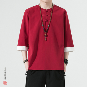 现货6色风夏2026仿麻冰丝盘扣 男 汉服短袖 T恤A877新中式p40图片
