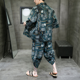 A3004*大码中国风沙滩休闲3色棉麻印花开衫套装汉服套装p80，男装休闲套装，钱塘7008(原4008)