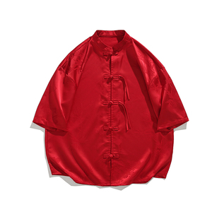 过年大红 冰丝竹子 夏风2026  盘扣 短袖汉服衬衫A890-p65图片