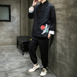 A1013风秋冬2021飞鹤刺绣棉麻盘扣/唐装/汉服套装，男装民族服装，钱塘7008(原4008)