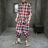 夏季2026风棉麻格子开衫套装汉服套装特价A3025-p60，男装休闲套装，钱塘7008(原4008)