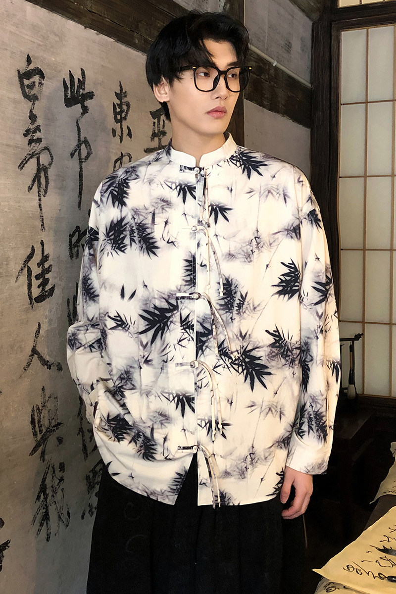 有货！新中式2026春水墨竹风汉服盘扣长袖衬衫A905*P68,男装衬衫,钱塘7008(原4008)