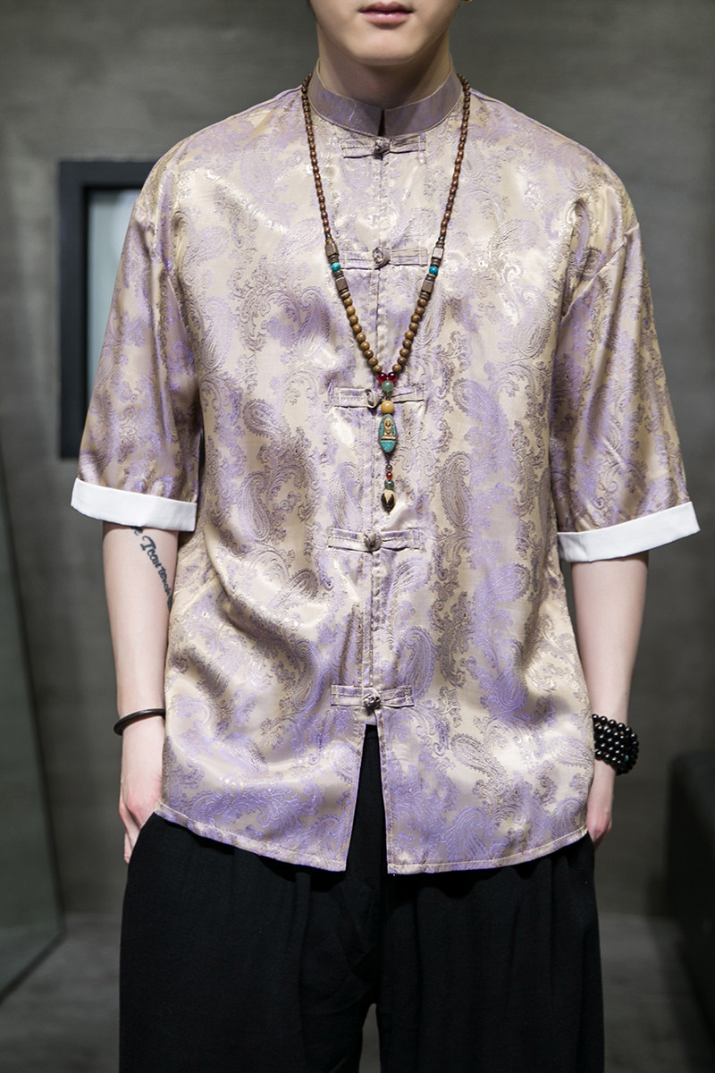 跑量夏2026红色冰丝5色风汉服短袖衬衫/衬衣A867-p48,男装T恤,钱塘7008(原4008)