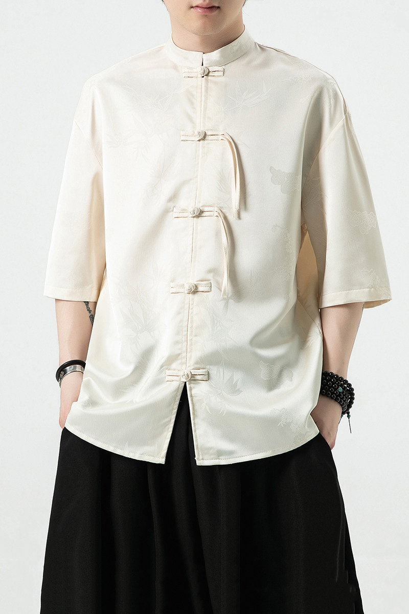 抖音直播品质冰丝竹子夏风2024盘扣短袖汉服衬衫A890-p65,男装T恤,钱塘7008(原4008)