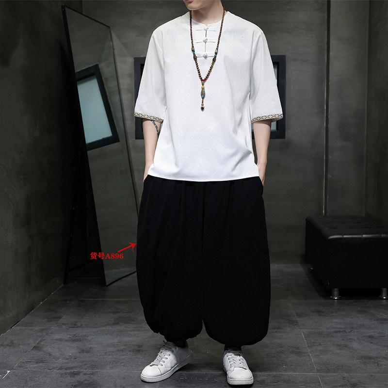 A630百搭风防麻款竹子款夏2026唐装汉服男短袖T恤p50,男装T恤,钱塘7008(原4008)
