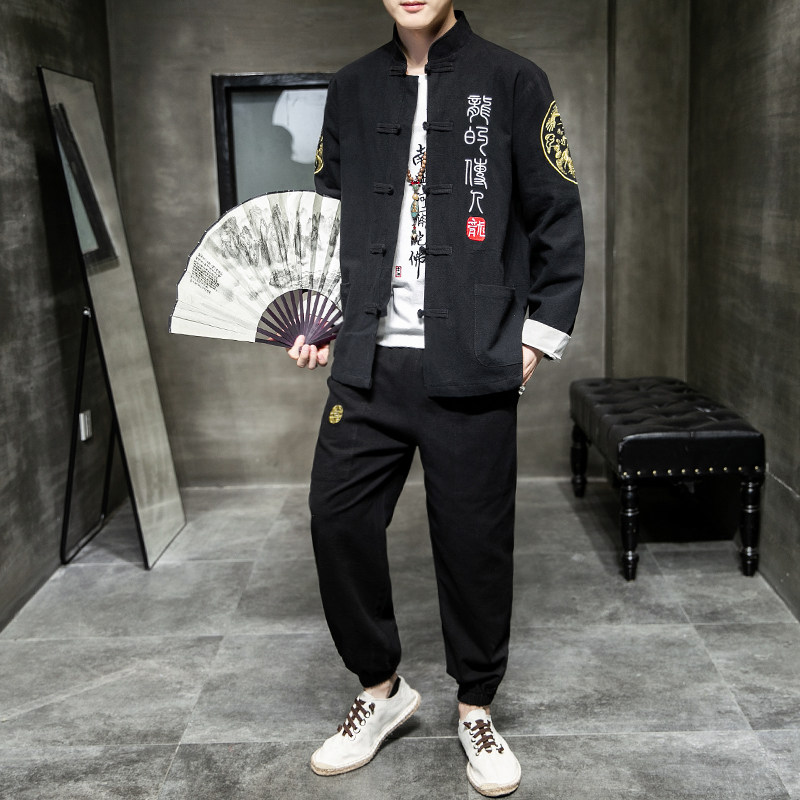 A1003风2021双臂刺绣棉麻盘扣/唐装/汉服套装,男装民族服装,钱塘7008(原4008)