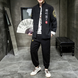 A1003风2021双臂刺绣棉麻盘扣/唐装/汉服套装，男装民族服装，钱塘7008(原4008)