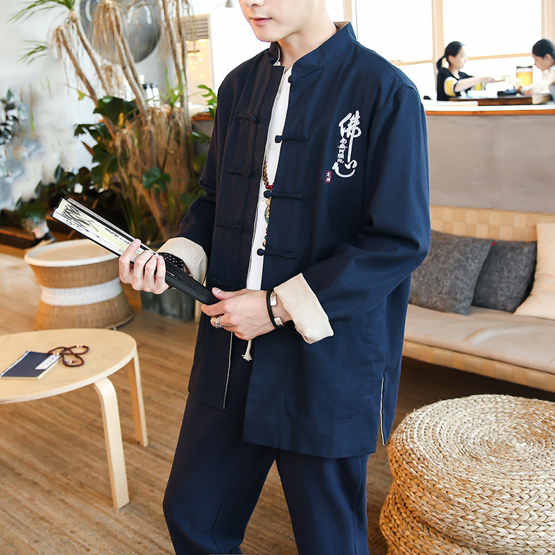 F02中国风2021秋冬新品刺绣佛盘扣汉服套装男P105,男装民族服装,钱塘7008(原4008)
