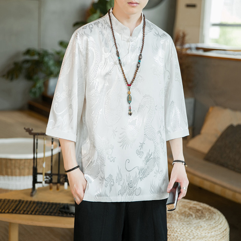 A3012咖啡厅中国风2021冰丝面料龙花斜盘扣立领短袖T恤p50,男装T恤,钱塘7008(原4008)