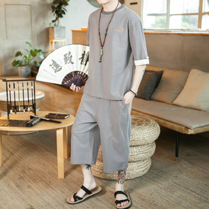 A1028*咖啡厅2021中国风大码新 多色短袖 T恤+七分裤套装P85图片