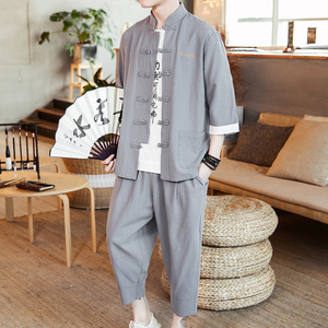 A718*2021中国风 棉麻盘扣七分袖开衫T汉服套装p100（不低于128）图片
