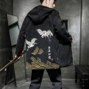 A803中国风2021大码秋*韩国磨毛 仙鹤印花 中长款风衣p95图片