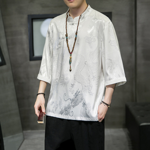 A3012中国风2021夏冰丝 龙花 斜扣立领设计 宽松短袖T恤p50图片