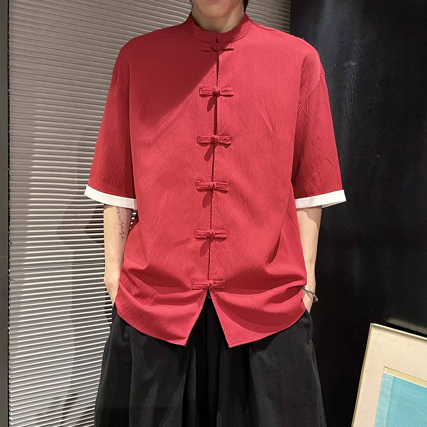 5色夏季2025冰丝抗皱盘扣男短袖衬衫/衬衣A8001*p40,男装T恤,钱塘7008(原4008)