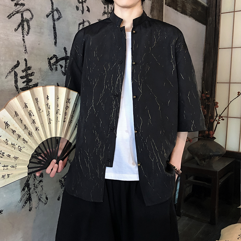 烫金褶皱设计夏季新品2025风汉服短袖衬衫/衬衣A811-p65，男装T恤，钱塘7008(原4008)