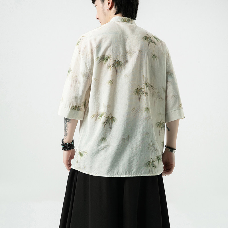 风新中式2026冰丝满身竹短袖汉服衬衫A893-p65,男装T恤,钱塘7008(原4008)
