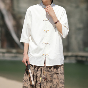 跑量竹节仿麻百搭单色 夏2025 风 汉服短袖衬衫/衬衣A810-p45图片