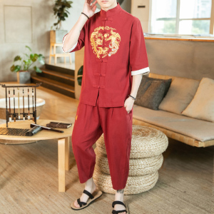 A1040*咖啡厅中国风2021龙凤刺绣 短袖T恤+七分裤套装P100,男装休闲套装,钱塘7008(原4008)