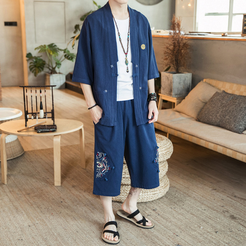A730*咖啡厅男装2021大码中国风刺绣开衫套装汉服套装p100,男装休闲套装,钱塘7008(原4008)