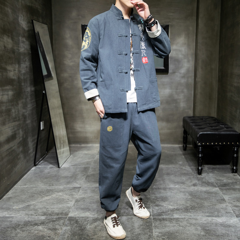A1003风2021双臂刺绣棉麻盘扣/唐装/汉服套装,男装民族服装,钱塘7008(原4008)
