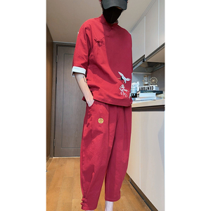 短视频风2026夏仙鹤刺绣棉麻T恤+九分裤短袖套装A736-P100