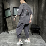 A722*爆款2021夏季麒麟刺绣棉麻T恤+七分裤套装P100，男装休闲套装，钱塘7008(原4008)