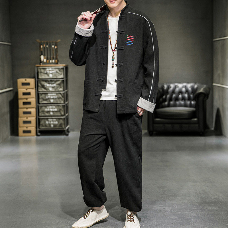 2026春大码反光条新中式棉麻唐装/汉服套装特价A2020-P80，男装休闲套装，钱塘7008(原4008)