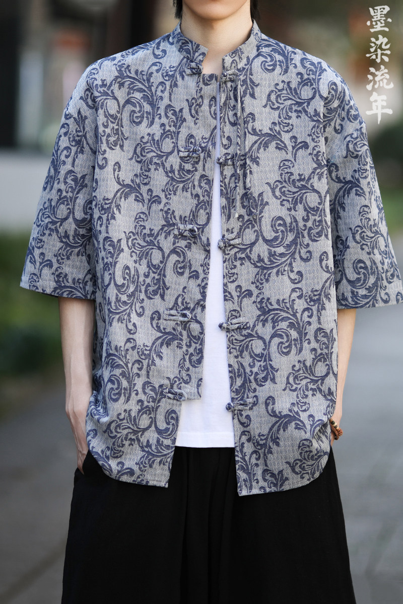 新品夏2025提花3色风汉服短袖衬衫/衬衣A672-p65,男装衬衫,钱塘7008(原4008)