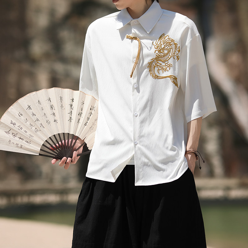 爆3色龙刺绣防皱冰丝夏2025风汉服短袖衬衫/衬衣A818-p68,男装T恤,钱塘7008(原4008)