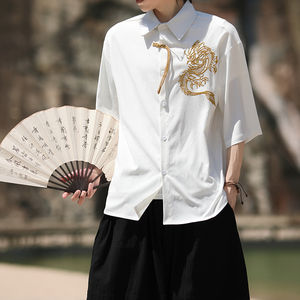 爆3色龙刺绣 防皱冰丝 夏2025 风 汉服短袖衬衫/衬衣A818-p68图片