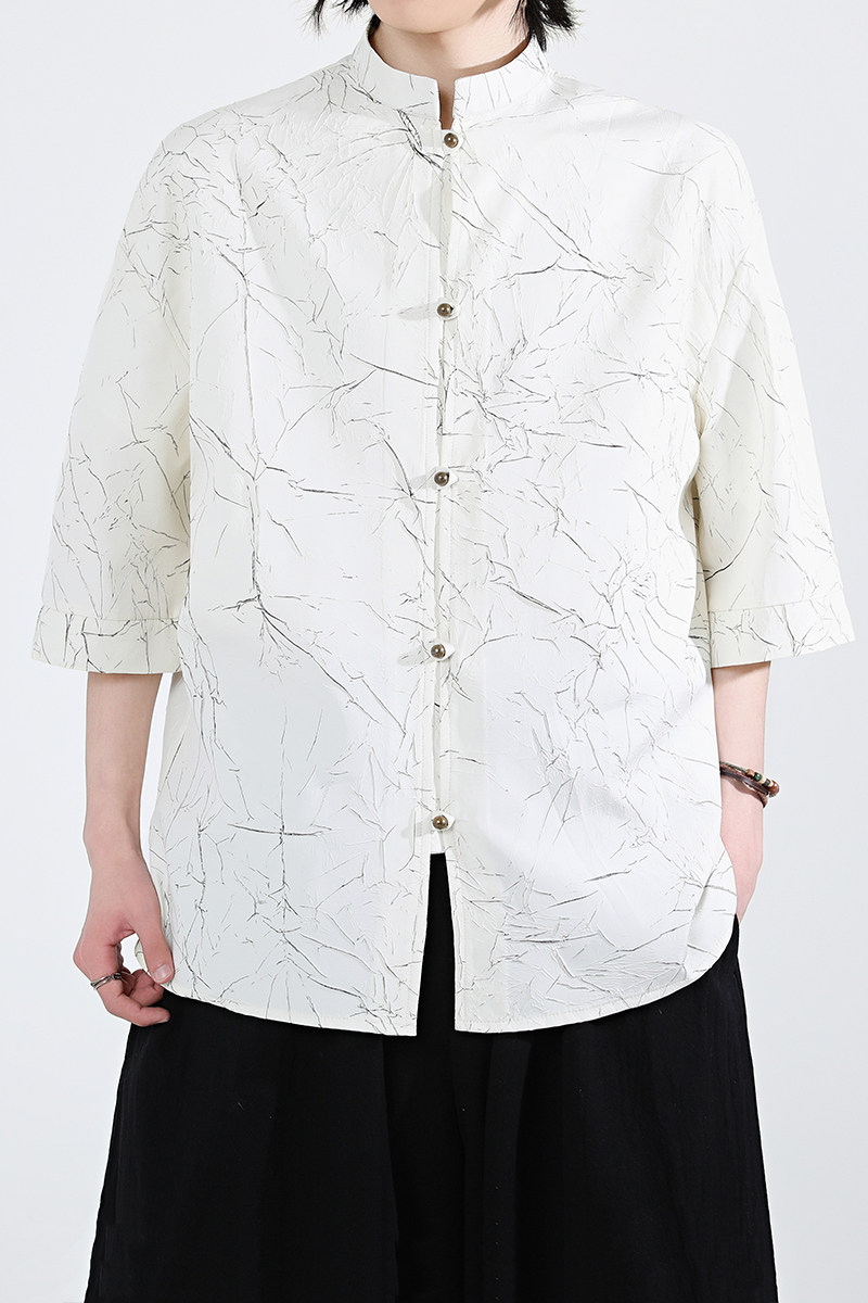 烫金褶皱设计夏季新品2026风汉服短袖衬衫/衬衣A811-p65,男装T恤,钱塘7008(原4008)