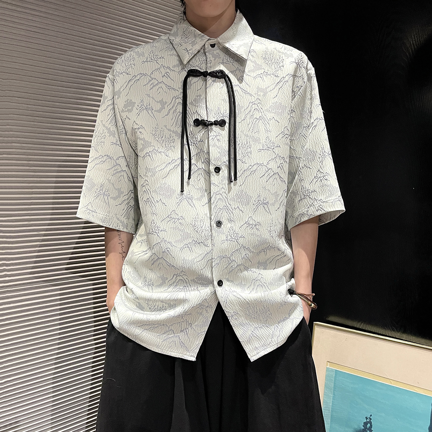 山水提花防皱冰丝夏2025风汉服短袖衬衫/衬衣A819-p65，男装T恤，钱塘7008(原4008)